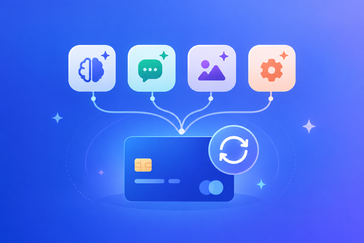 Several AI tool icons all connected to one payment card, representing stacked AI subscriptions