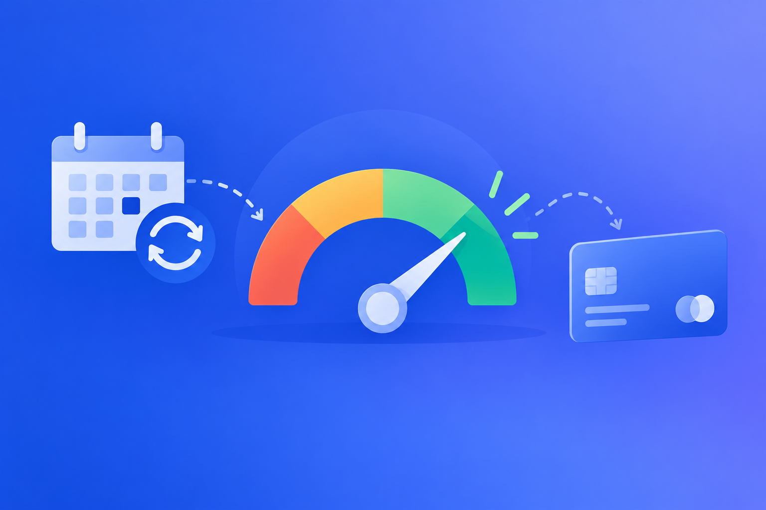 A credit score gauge connected to a recurring payment icon, representing how a missed autopay payment can affect your credit score