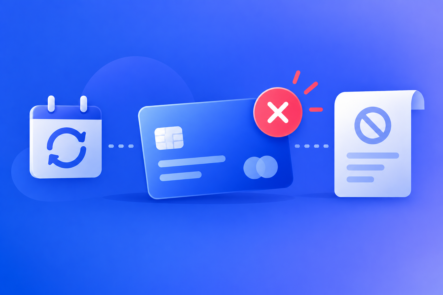 A recurring payment icon blocked by a decline symbol, with a bank fee and a merchant notice branching off it