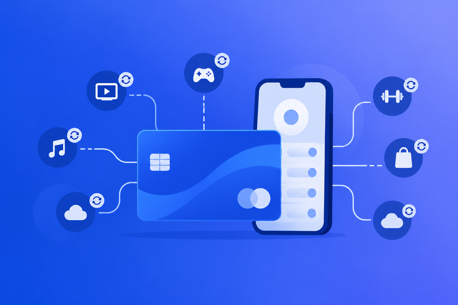 A single card connected to several subscription icons, representing a dedicated card for recurring charges