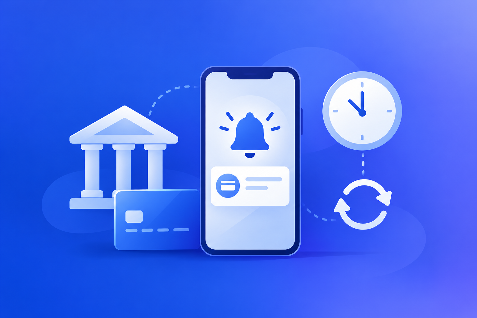 A phone alert appearing one day before a recurring payment icon, representing a pre-debit notification