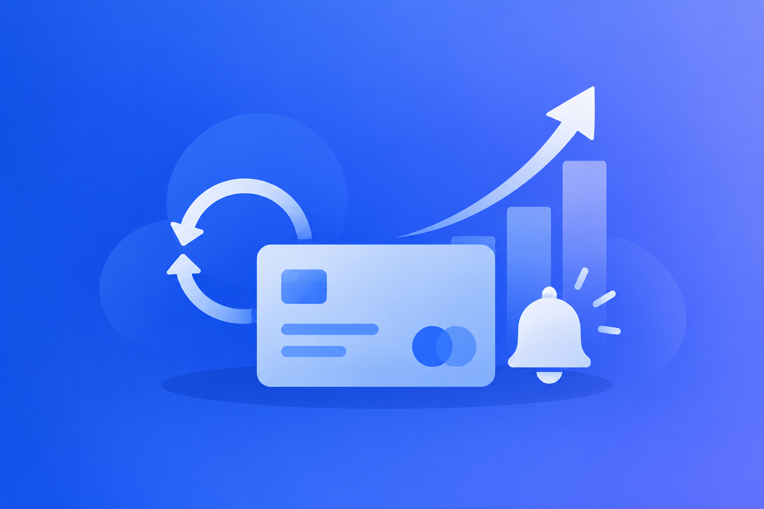 A subscription price arrow ticking upward next to a bell notification icon and a recurring payment card